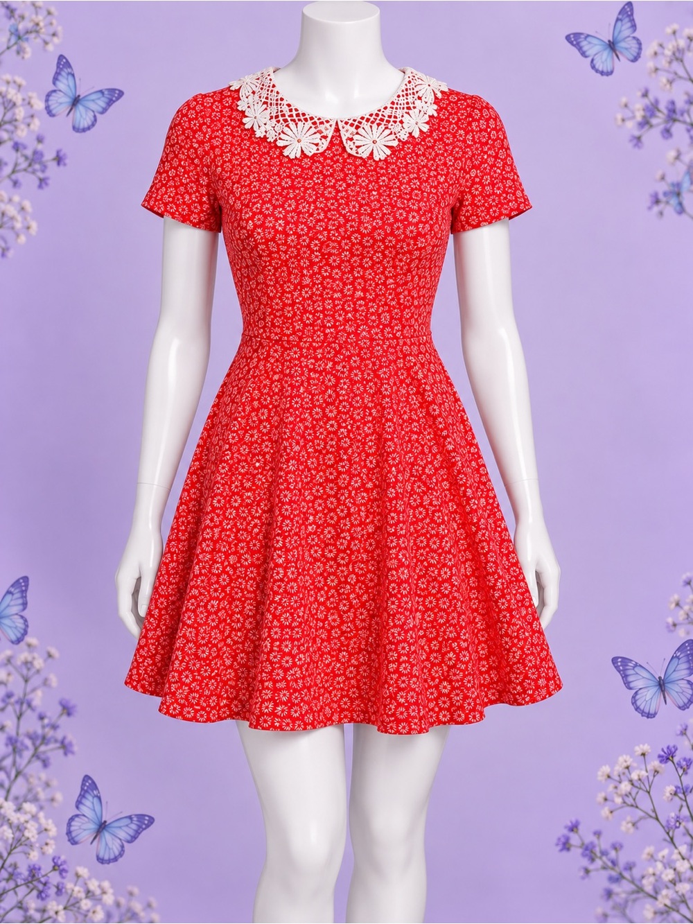 Red Floral Fit & Flare Dress with White Lace Collar
